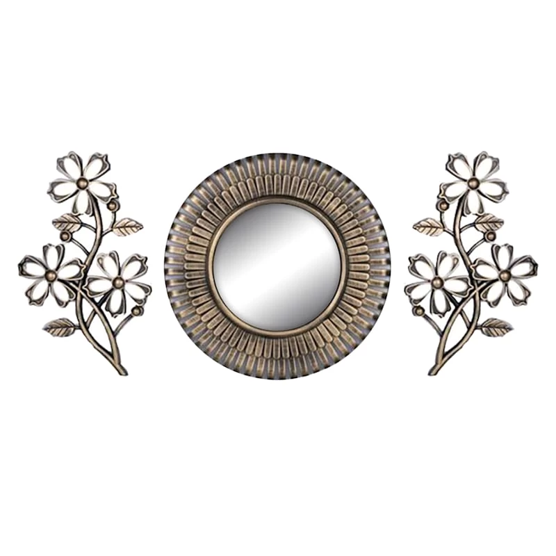 3-Piece Gold Framed Floral Accent Wall Mirror Set, 10" 3 3-Piece Gold Framed Floral Accent Wall Mirror Set, 10"