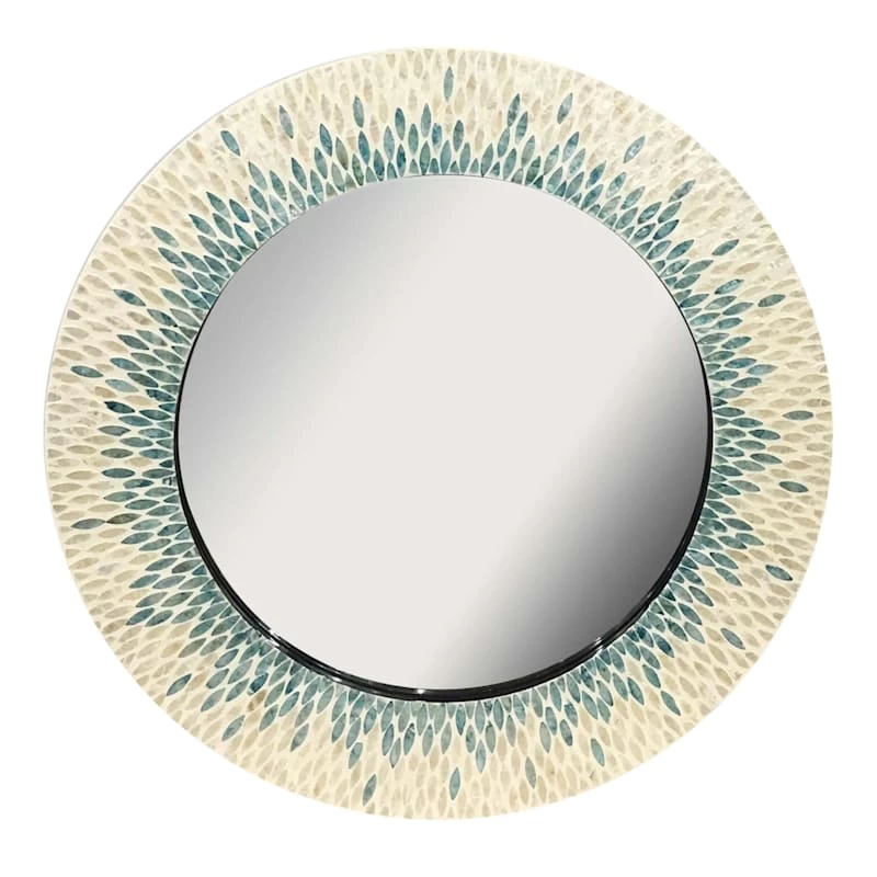 Blue Mother Of Pearl Framed Round Wall Mirror, 30" 3 Blue Mother Of Pearl Framed Round Wall Mirror, 30"