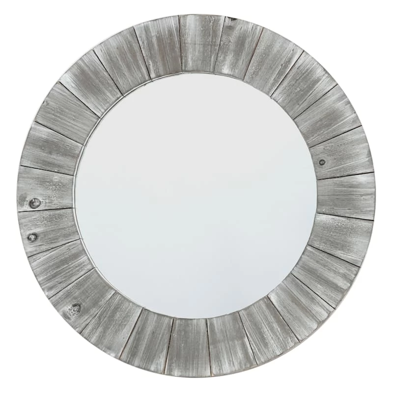 Distressed Light Grey Wood Framed Round Wall Mirror, 20" 3 Distressed Light Grey Wood Framed Round Wall Mirror, 20"