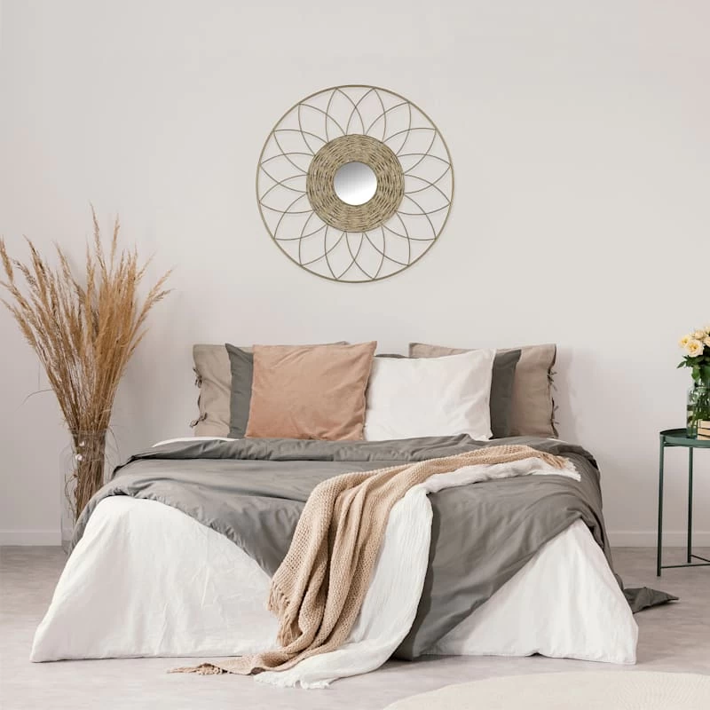 Framed Flower Weaved Round Wall Mirror, 24" 4 Framed Flower Weaved Round Wall Mirror, 24" - Image 2