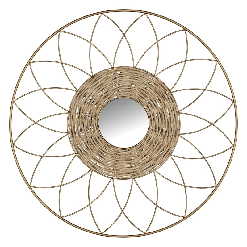 Framed Flower Weaved Round Wall Mirror, 24" 3 Framed Flower Weaved Round Wall Mirror, 24"