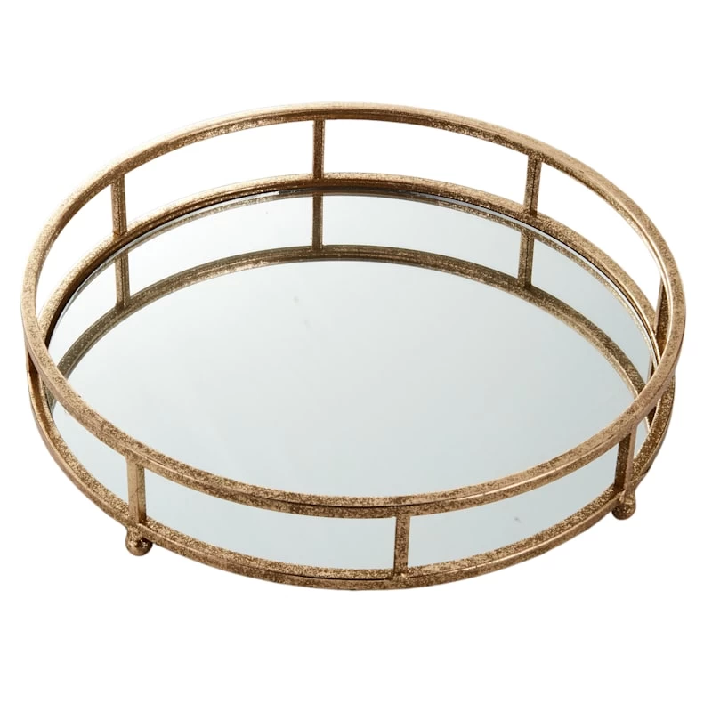 Gold Mirrored Round Metal Tray, 14" 3 Gold Mirrored Round Metal Tray, 14"