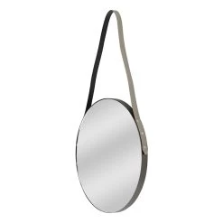 Hanging Round Wall Mirror With Leather Strap, 16"