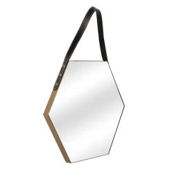 Hexagon Mirror With Faux Leather Strap, 20"