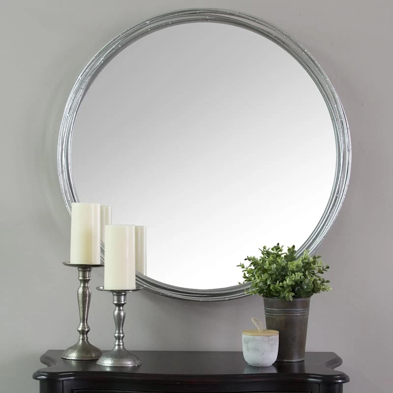 Silver Metal Round Wall Mirror, 30" 4 Silver Metal Round Wall Mirror, 30" - Image 2
