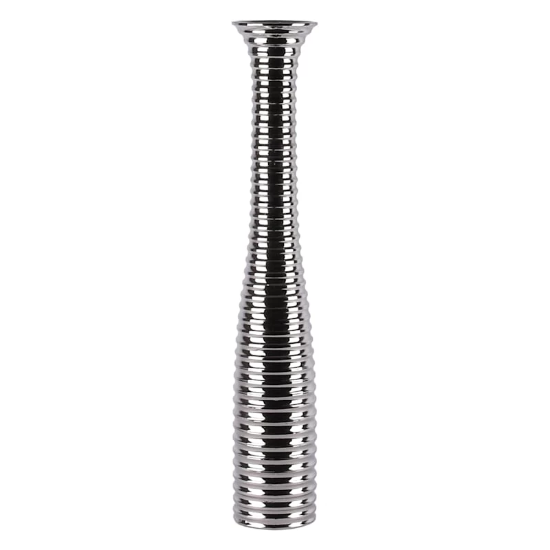 Silver Ribbed Ceramic Floor Vase, 30" 3 Silver Ribbed Ceramic Floor Vase, 30"